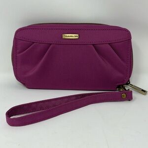 TRAVELON Wristlet RFID Signature Purple 
Pleated Double Zip Clutch